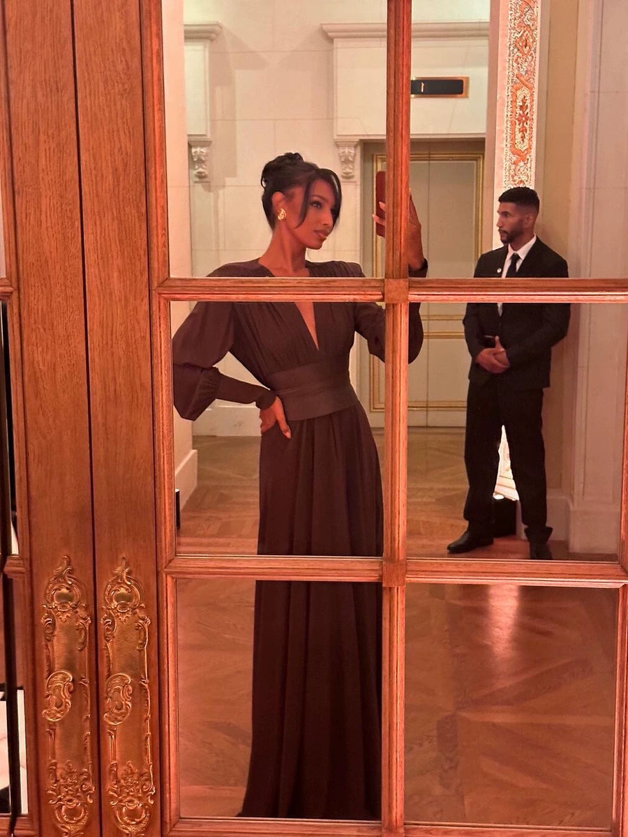 Women's Slim-Waist A-Line Maxi Long Sleeve Party Evening Dress Formal Midi Dress for Black Tie Wedding Guest Cocktail Prom Date Night