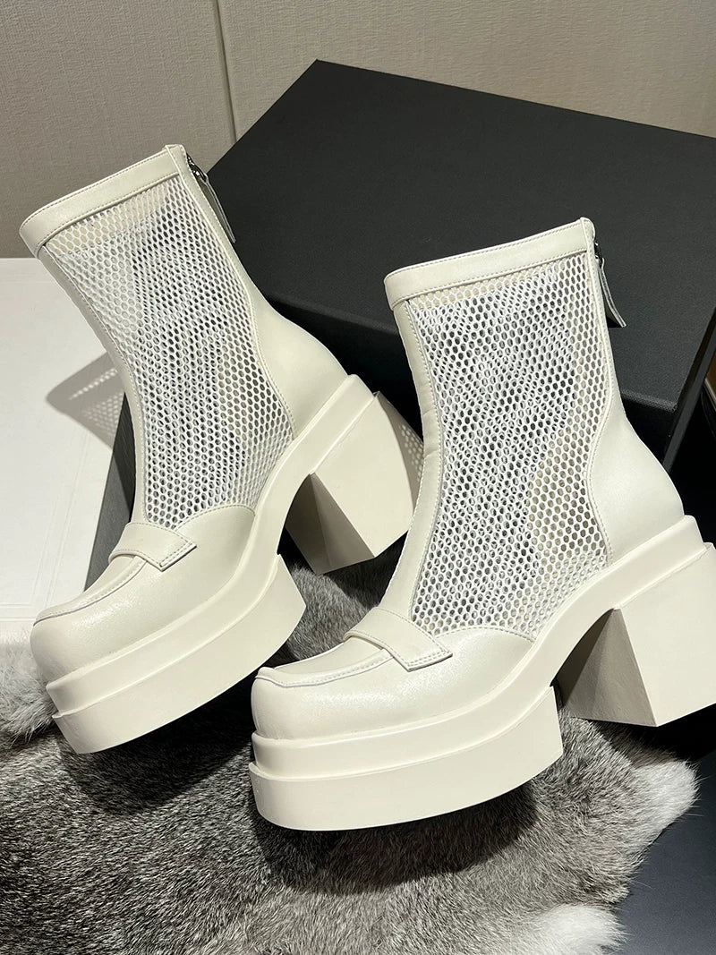 Women's Chunky Sole Leather Breathable Mesh Block Heel Zip Roman Martin Combat Boots for Fall Outfits Streetwear Winter Office and Weekend Everyday Wear