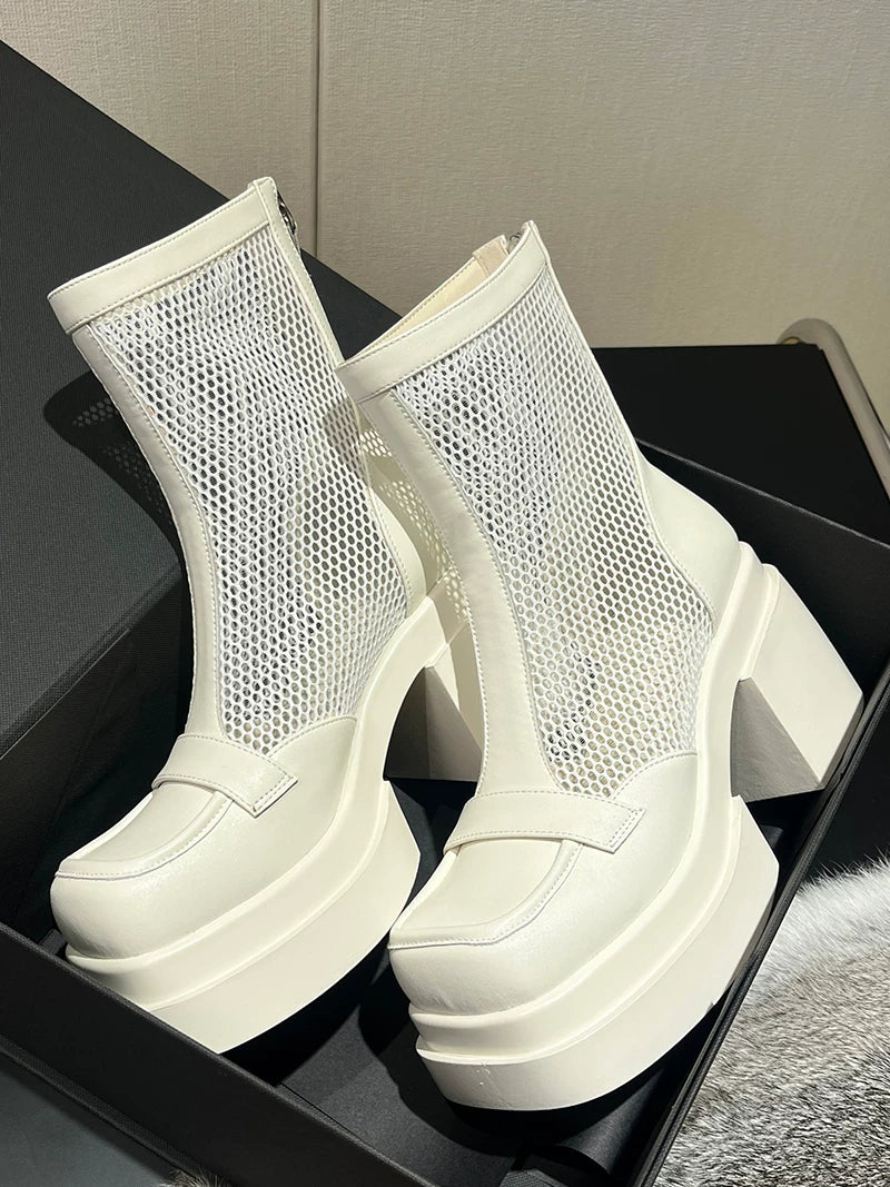 Women's Chunky Sole Leather Breathable Mesh Block Heel Zip Roman Martin Combat Boots for Fall Outfits Streetwear Winter Office and Weekend Everyday Wear