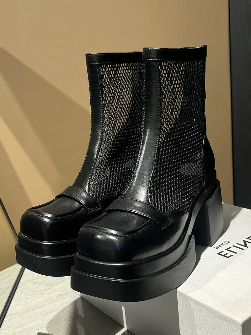 Women's Chunky Sole Leather Breathable Mesh Block Heel Zip Roman Martin Combat Boots for Fall Outfits Streetwear Winter Office and Weekend Everyday Wear