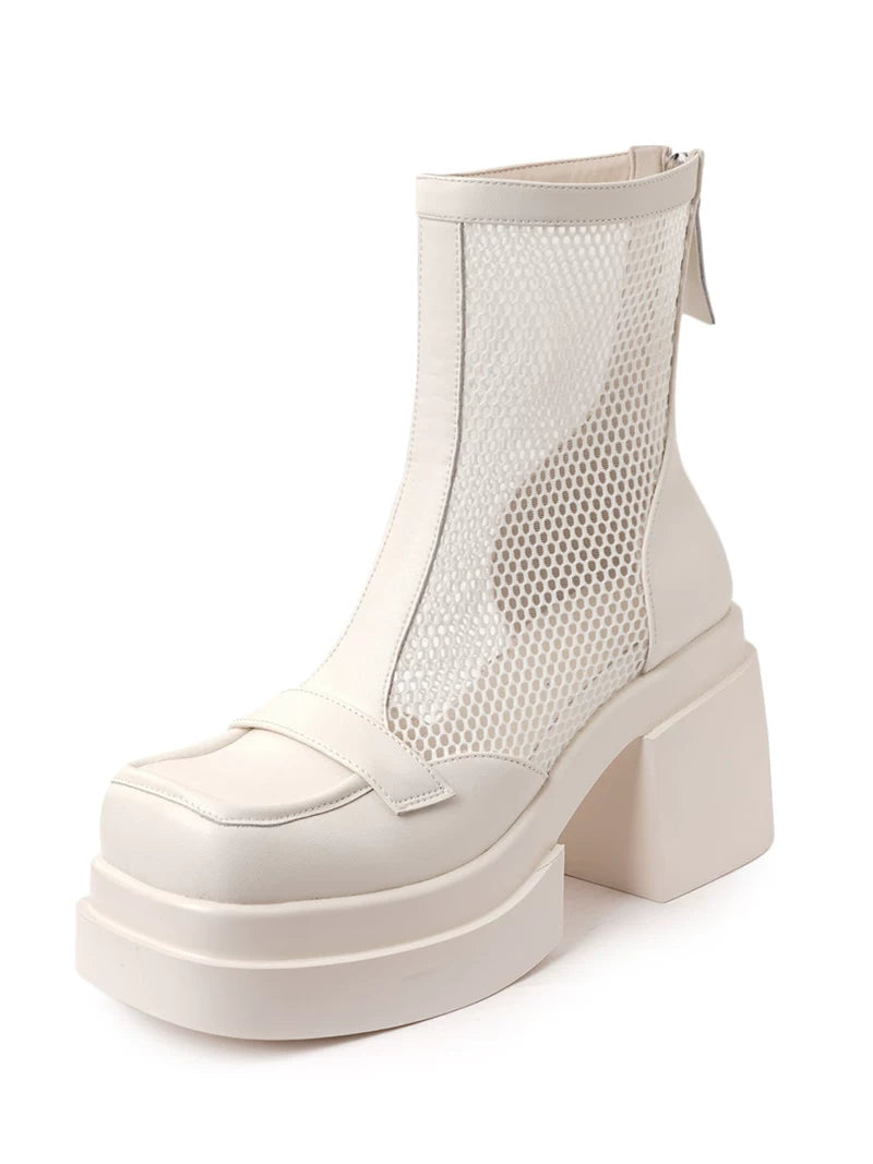 Women's Chunky Sole Leather Breathable Mesh Block Heel Zip Roman Martin Combat Boots for Fall Outfits Streetwear Winter Office and Weekend Everyday Wear
