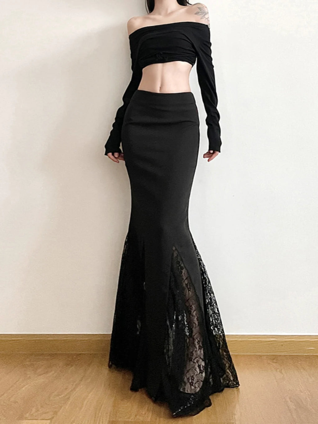 Women's Black Lace Bodycon High-waist Slim-fit Mermaid Evening Gown Tie for Wedding Guest Cocktail Party Prom Slimming Date Night Formal Party