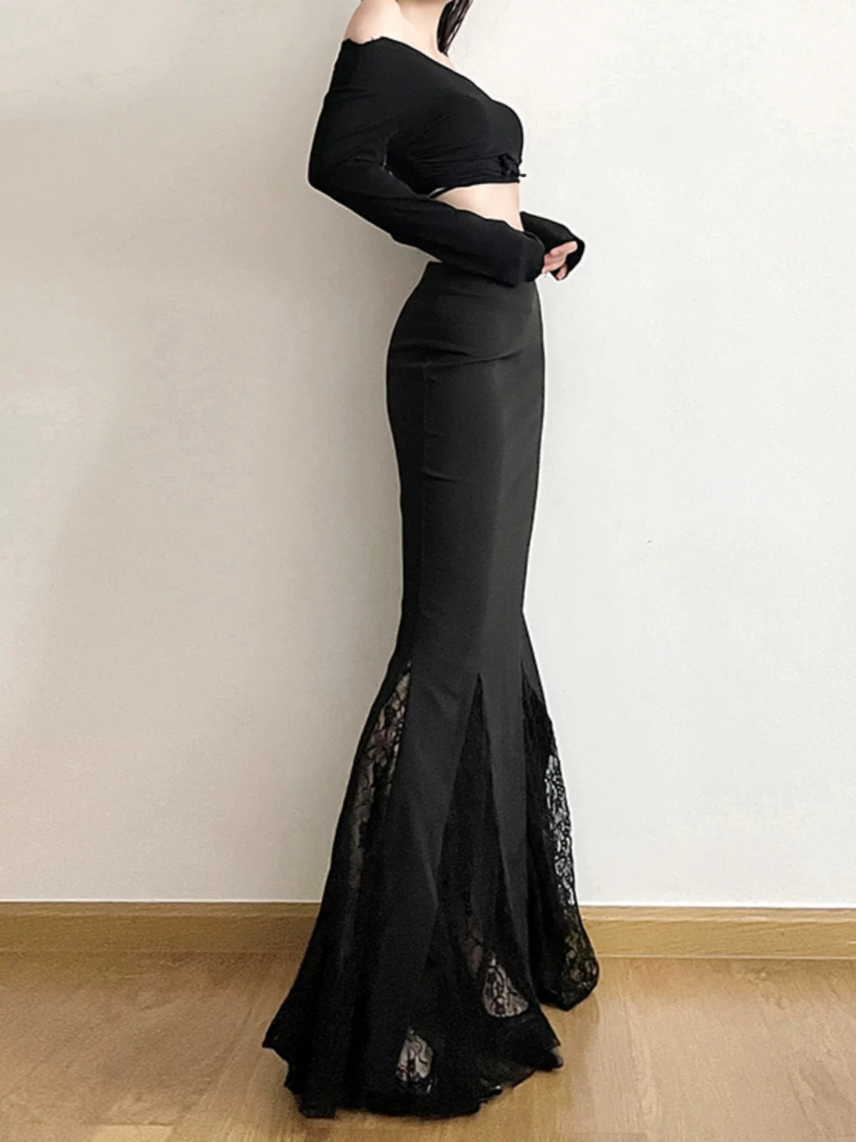 Women's Black Lace Bodycon High-waist Slim-fit Mermaid Evening Gown Tie for Wedding Guest Cocktail Party Prom Slimming Date Night Formal Party