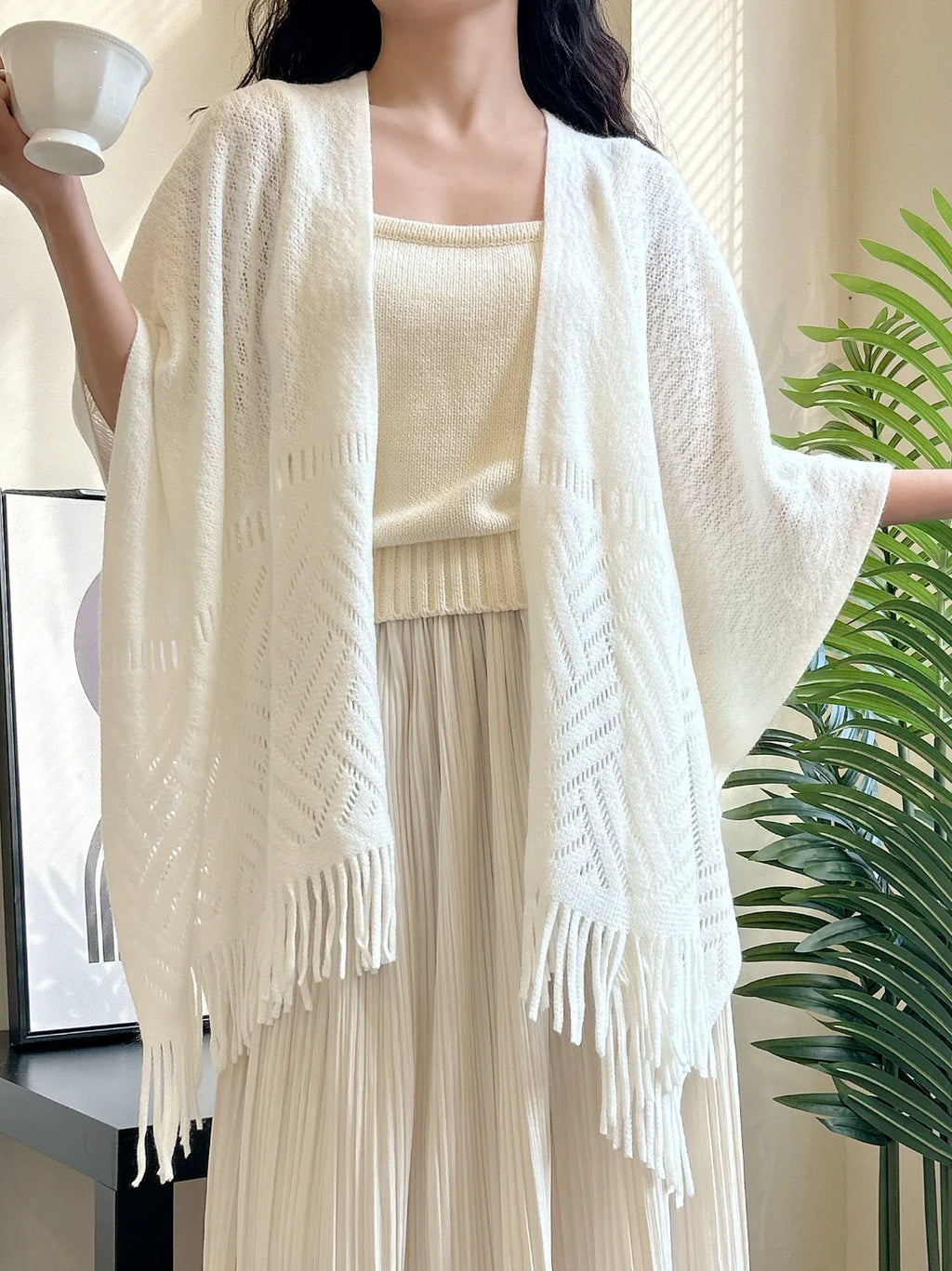 Women's Fall Winter Summer White Cutout Knit Shawl for Office and Travel Evening Gift Holiday Gift