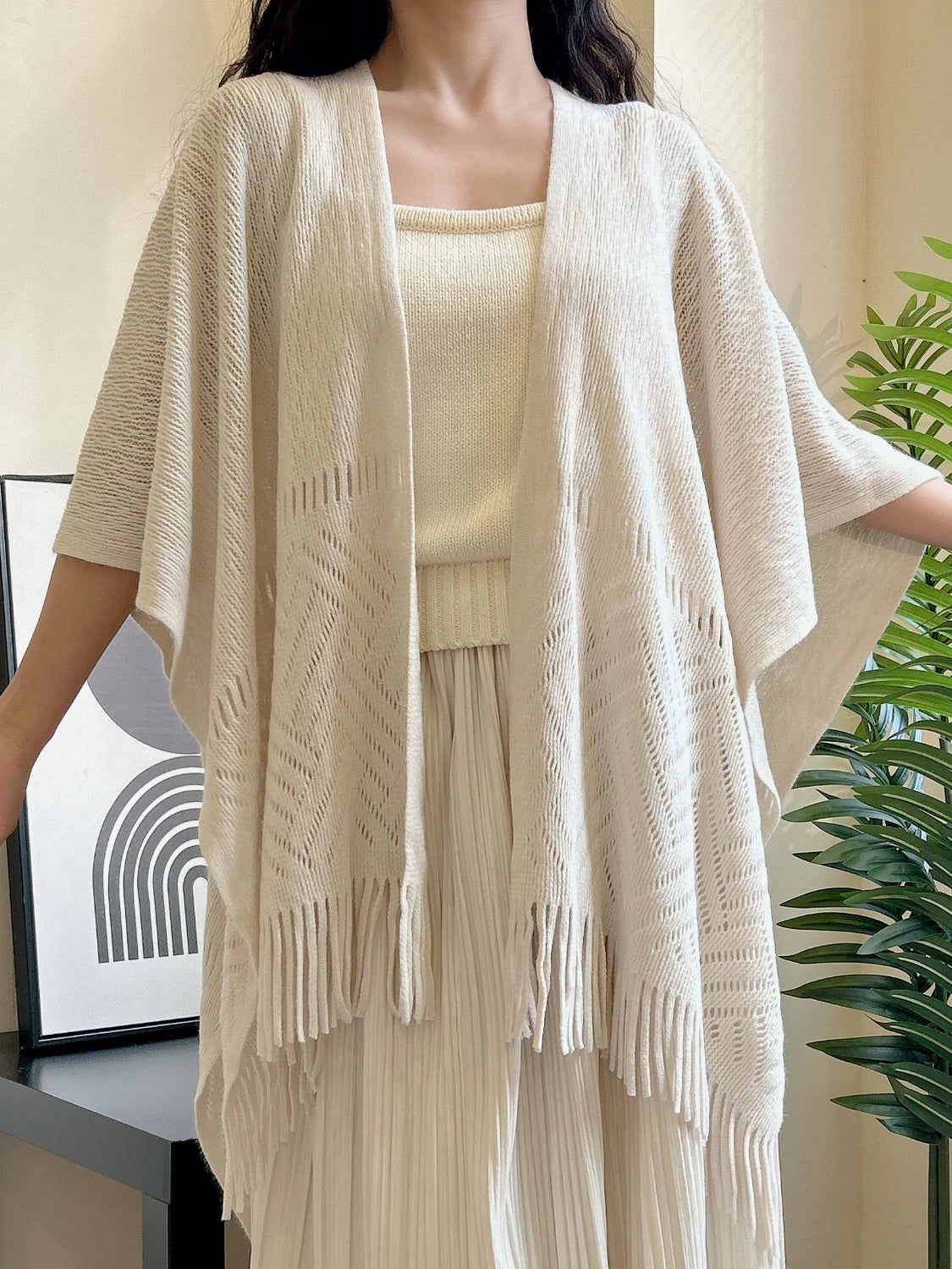 Women's Fall Winter Summer White Cutout Knit Shawl for Office and Travel Evening Gift Holiday Gift