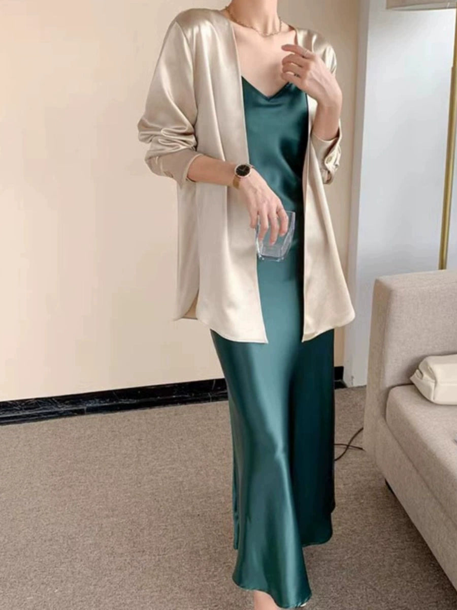 Women's Summer Satin Oversized Long Sleeve Cardigan for Office Outfits Everyday Work Spring Summer Date Night