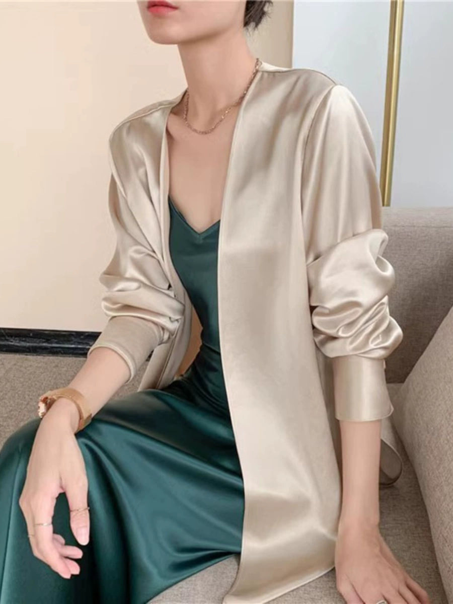Women's Summer Satin Oversized Long Sleeve Cardigan for Office Outfits Everyday Work Spring Summer Date Night