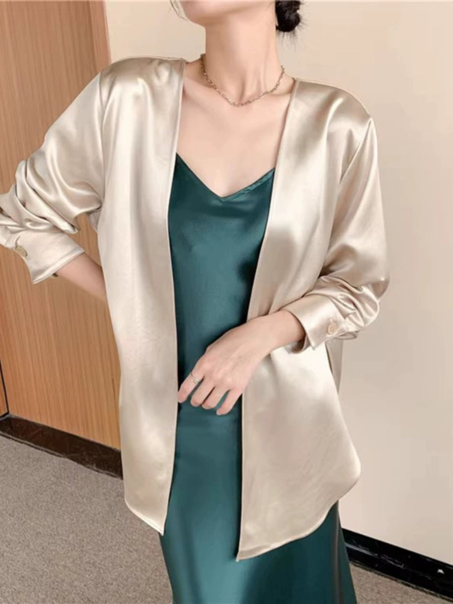 Women's Summer Satin Oversized Long Sleeve Cardigan for Office Outfits Everyday Work Spring Summer Date Night
