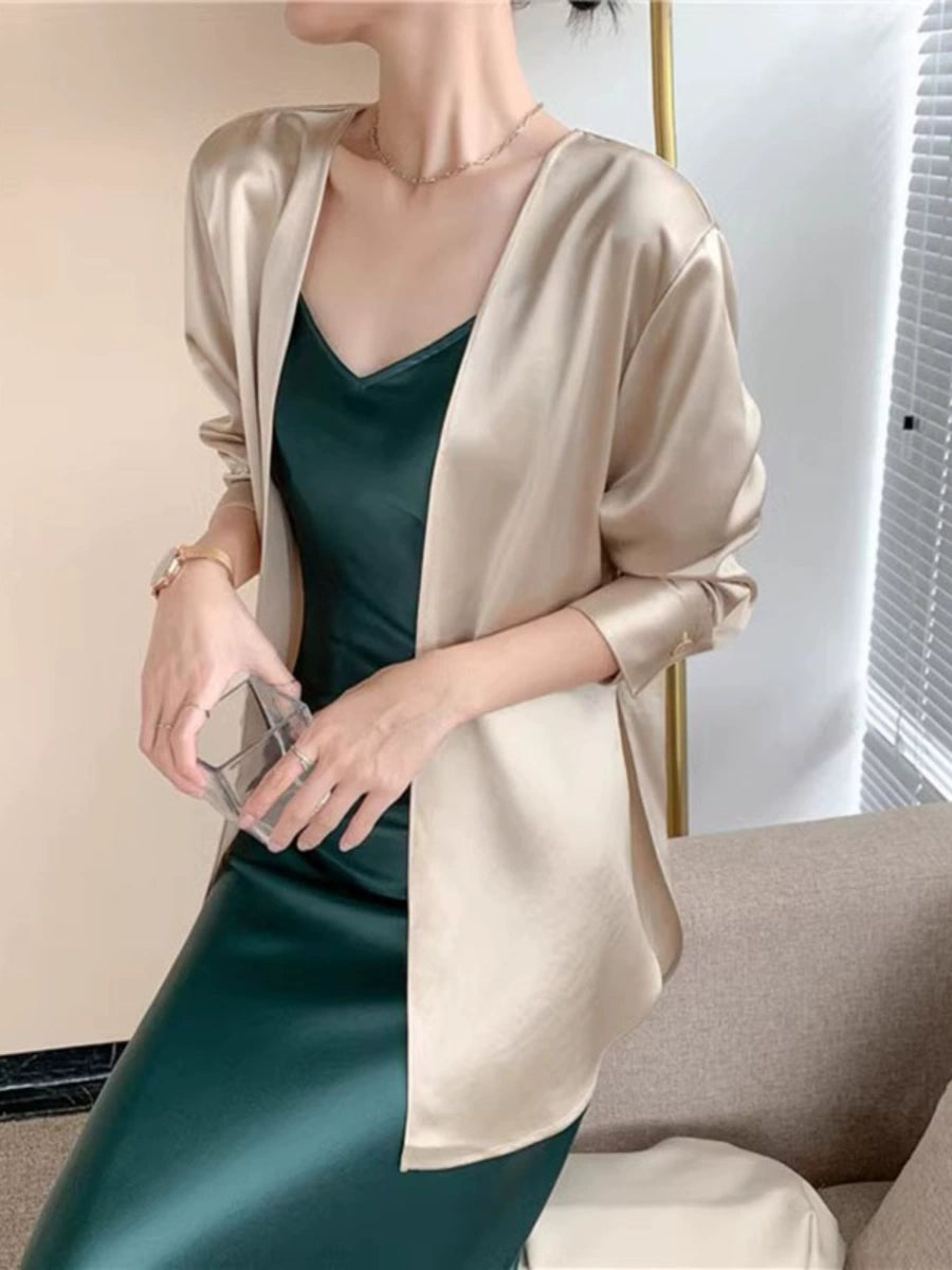 Women's Summer Satin Oversized Long Sleeve Cardigan for Office Outfits Everyday Work Spring Summer Date Night