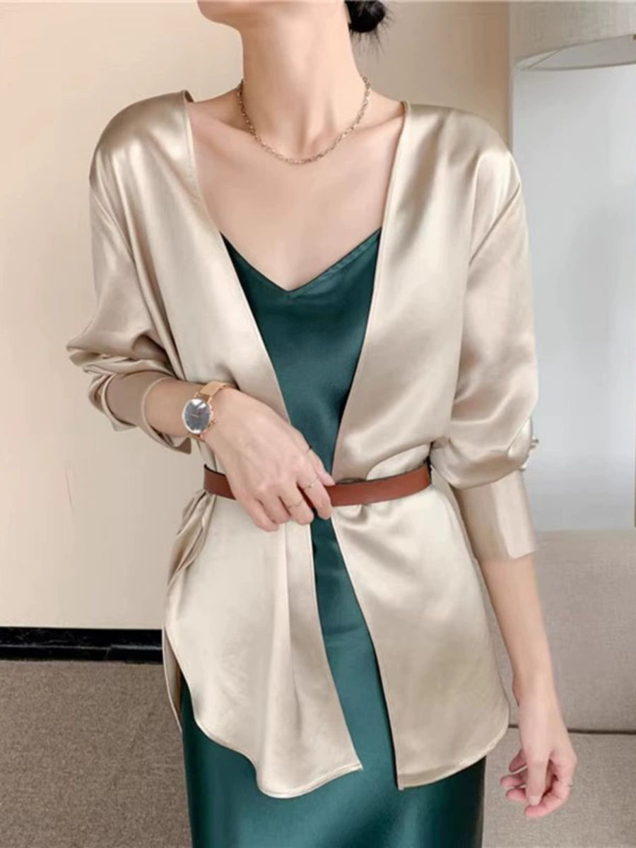 Women's Summer Satin Oversized Long Sleeve Cardigan for Office Outfits Everyday Work Spring Summer Date Night