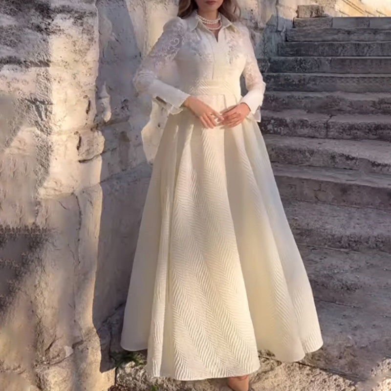 Women's White Lace Slim-Fit Long Sleeve French-Inspired Retro Evening Dress Formal Midi Dress for Black Tie Wedding Guest Cocktail Party Prom Date Night