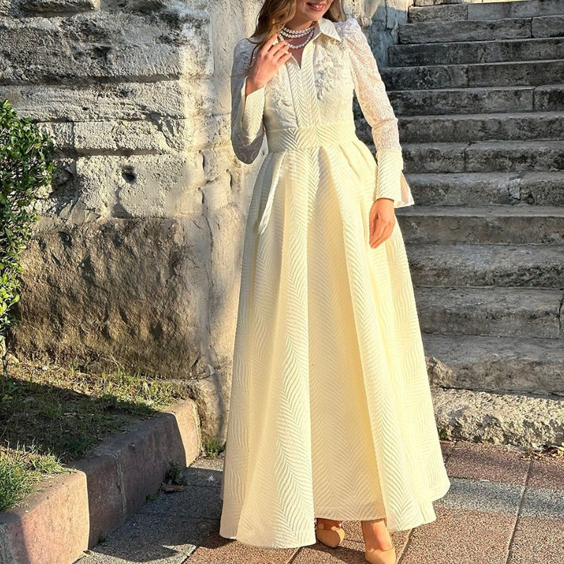 Women's White Lace Slim-Fit Long Sleeve French-Inspired Retro Evening Dress Formal Midi Dress for Black Tie Wedding Guest Cocktail Party Prom Date Night