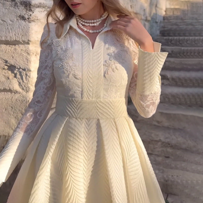 Women's White Lace Slim-Fit Long Sleeve French-Inspired Retro Evening Dress Formal Midi Dress for Black Tie Wedding Guest Cocktail Party Prom Date Night