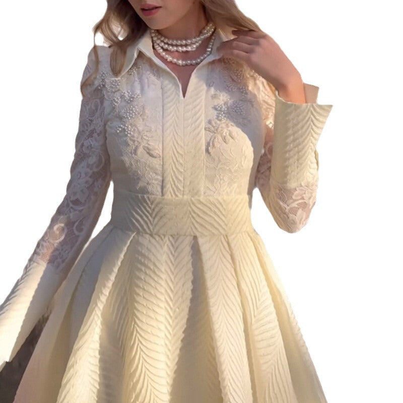 Women's White Lace Slim-Fit Long Sleeve French-Inspired Retro Evening Dress Formal Midi Dress for Black Tie Wedding Guest Cocktail Party Prom Date Night
