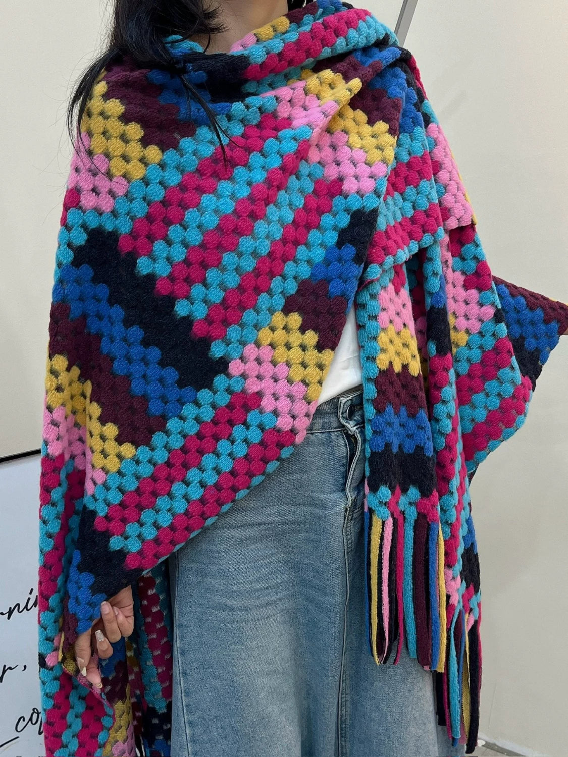 Women's Tassel Longline Plaid Midi Knit Shawl for Office and Travel Evening Gift Holiday Gift