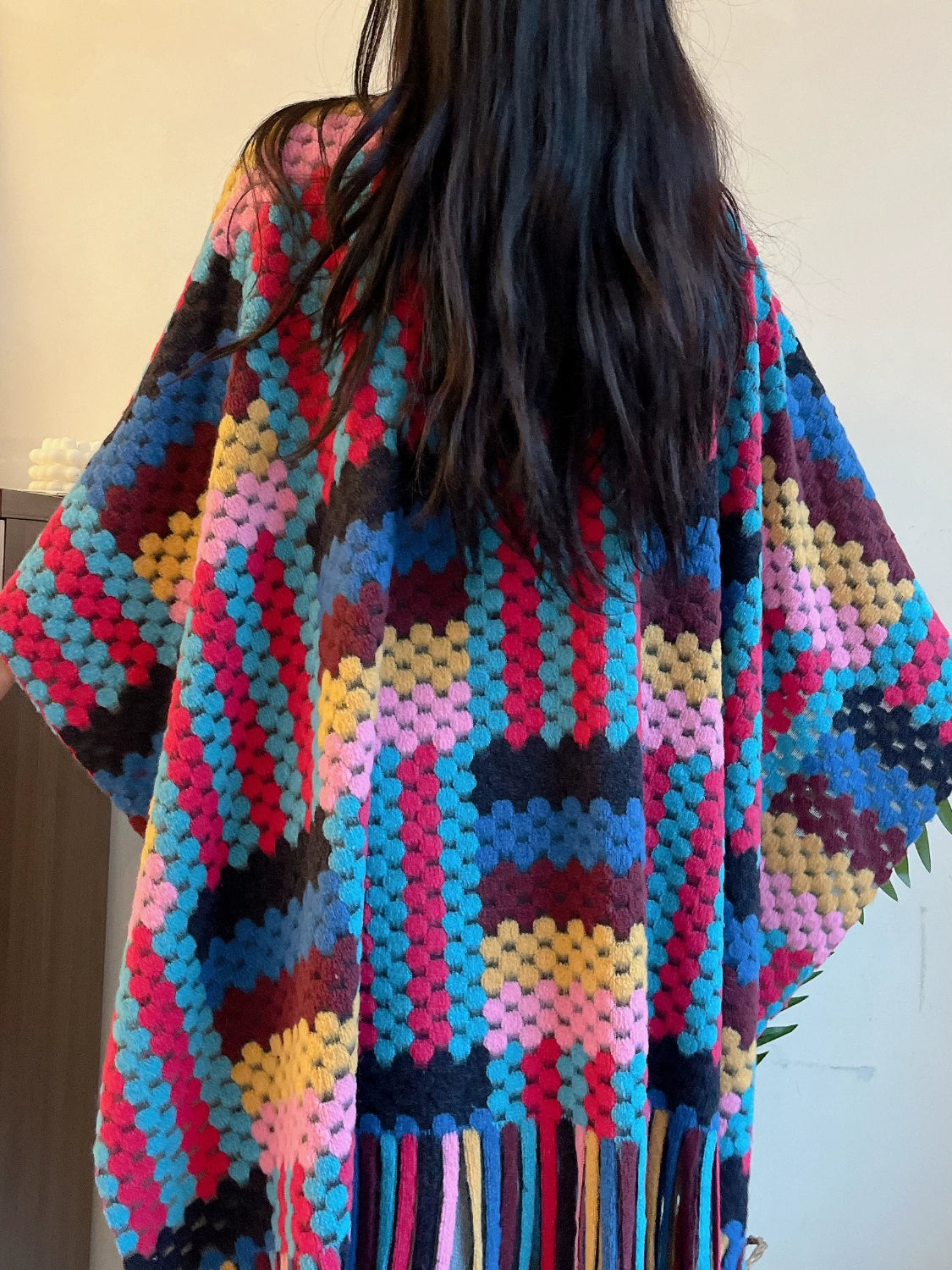 Women's Tassel Longline Plaid Midi Knit Shawl for Office and Travel Evening Gift Holiday Gift