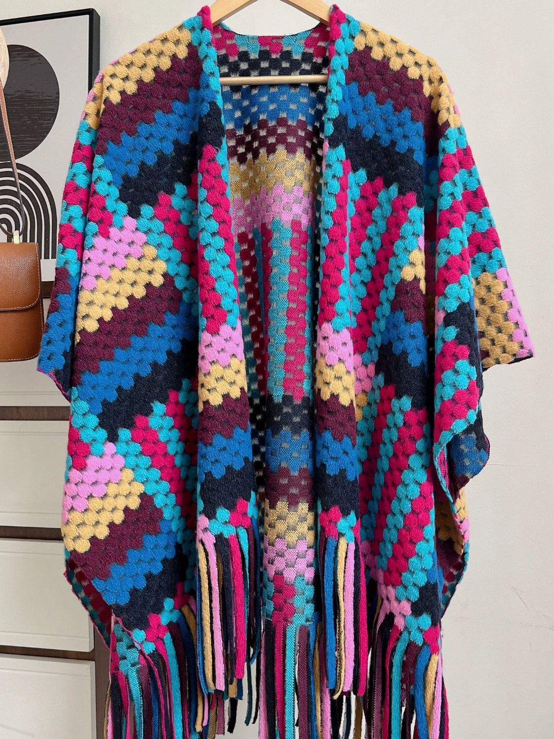 Women's Tassel Longline Plaid Midi Knit Shawl for Office and Travel Evening Gift Holiday Gift
