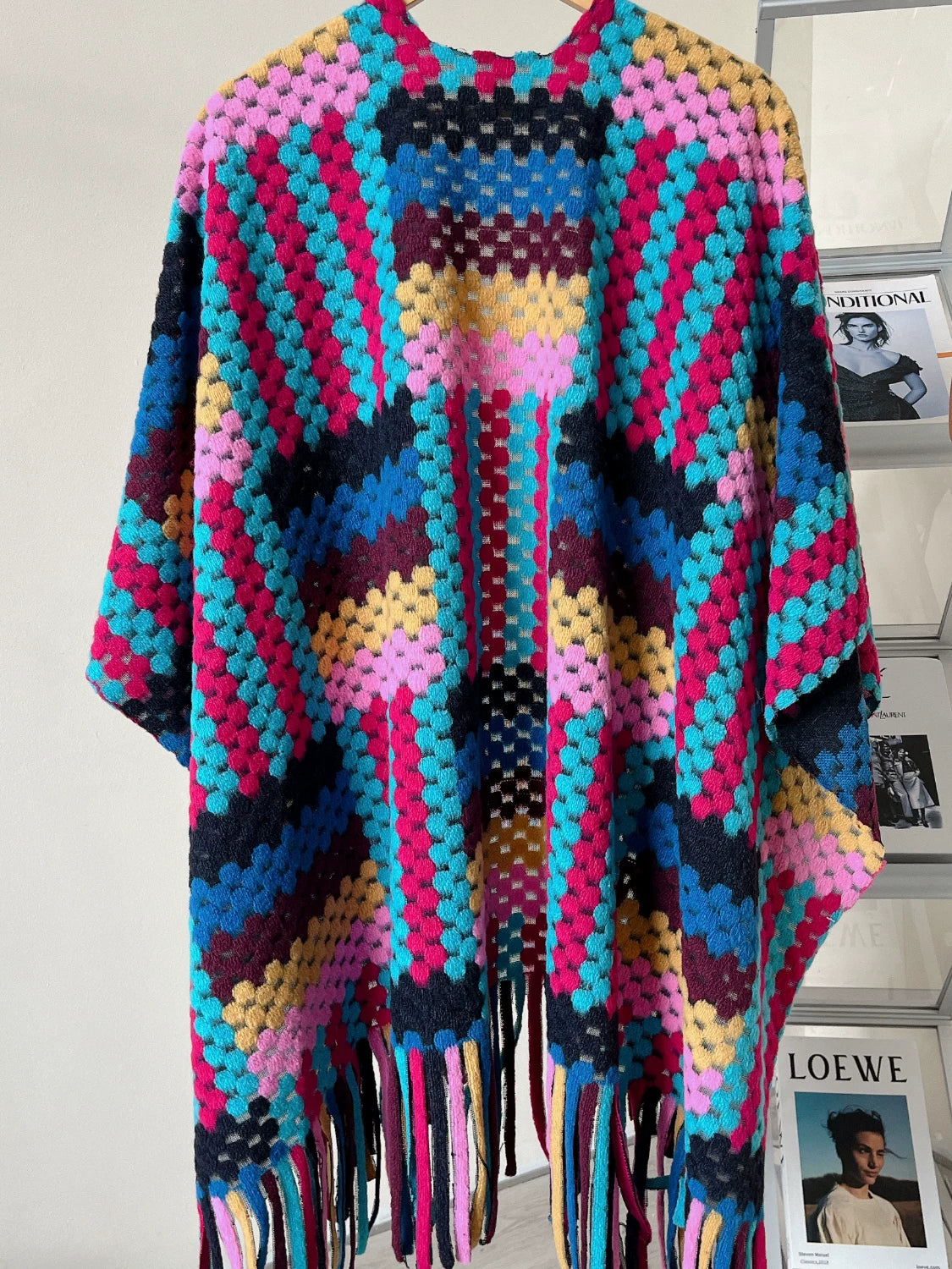 Women's Tassel Longline Plaid Midi Knit Shawl for Office and Travel Evening Gift Holiday Gift