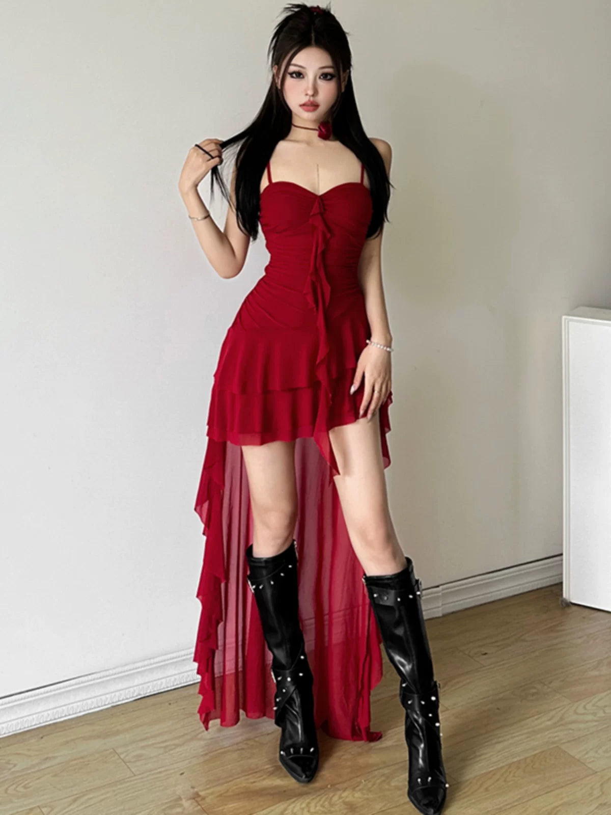 Women's Ruffle Asymmetric French-inspired Dress Party Evening Outfit Day Midi Casual