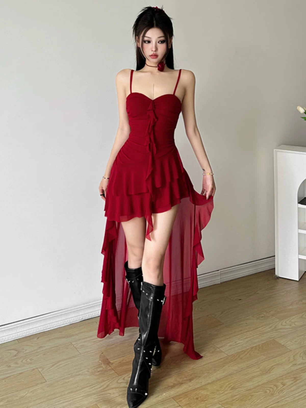 Women's Ruffle Asymmetric French-inspired Dress Party Evening Outfit Day Midi Casual
