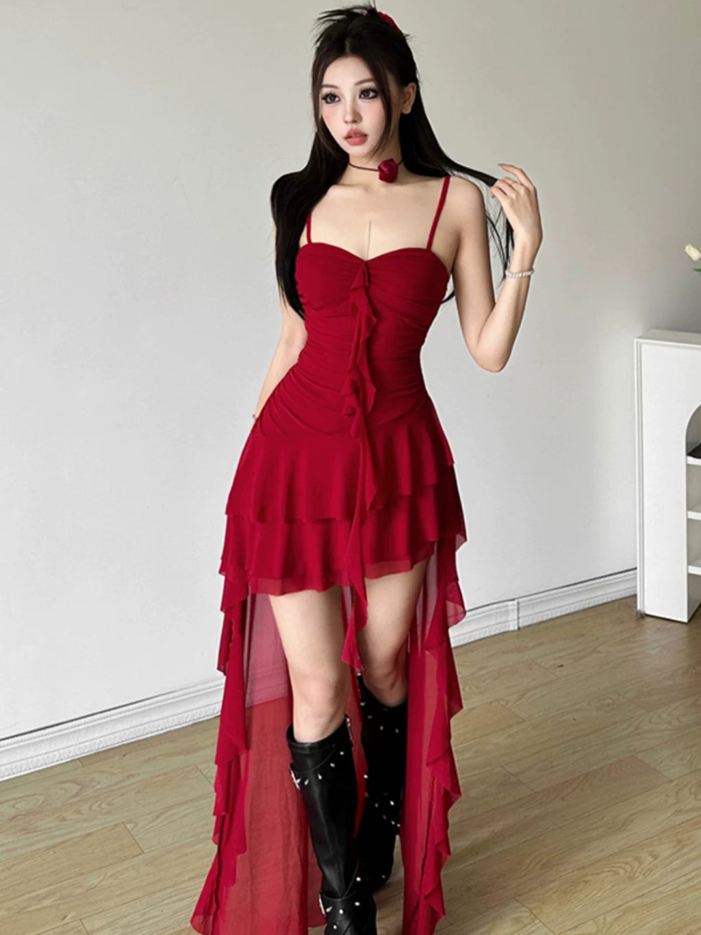 Women's Ruffle Asymmetric French-inspired Dress Party Evening Outfit Day Midi Casual