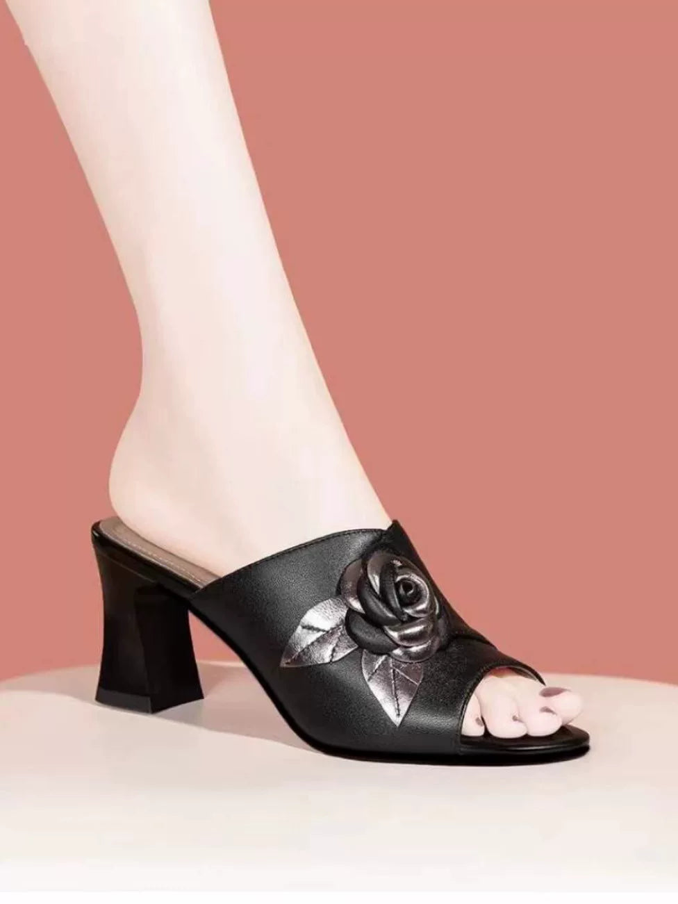 Leather Block Heel Outdoor Slide Slippers for Women