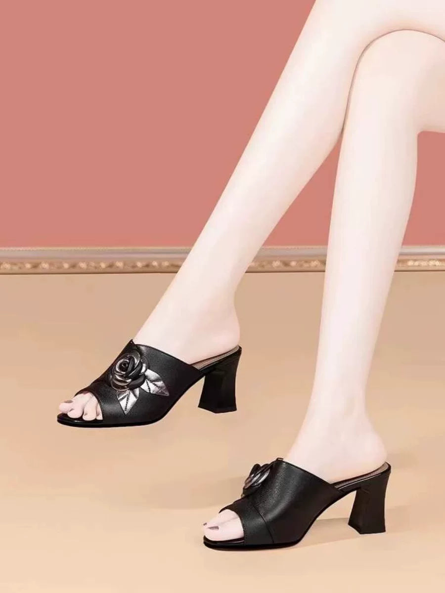 Leather Block Heel Outdoor Slide Slippers for Women