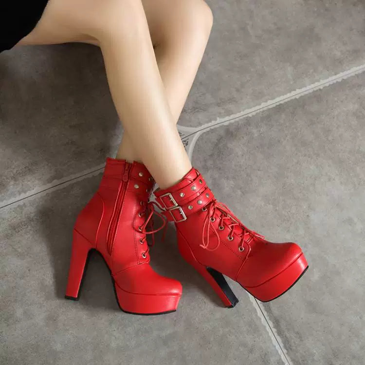 Women's Fall Winter Platform Block Heel High Heel Lace-Up Zip Martin Combat Boots Ankle for Office and Weekend Streetwear Everyday Wear