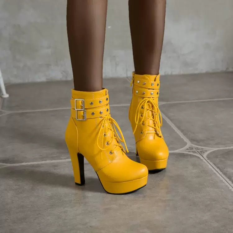 Women's Fall Winter Platform Block Heel High Heel Lace-Up Zip Martin Combat Boots Ankle for Office and Weekend Streetwear Everyday Wear