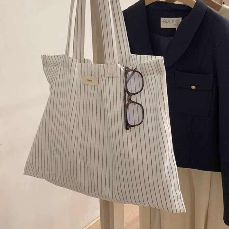 Large-capacity Canvas Summer Striped Korean-style Market Tote Bag for Work and Travel Office School Premium