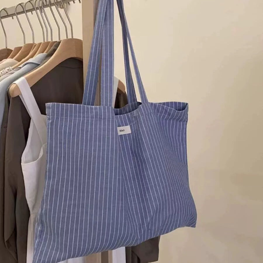 Large-capacity Canvas Summer Striped Korean-style Market Tote Bag for Work and Travel Office School Premium