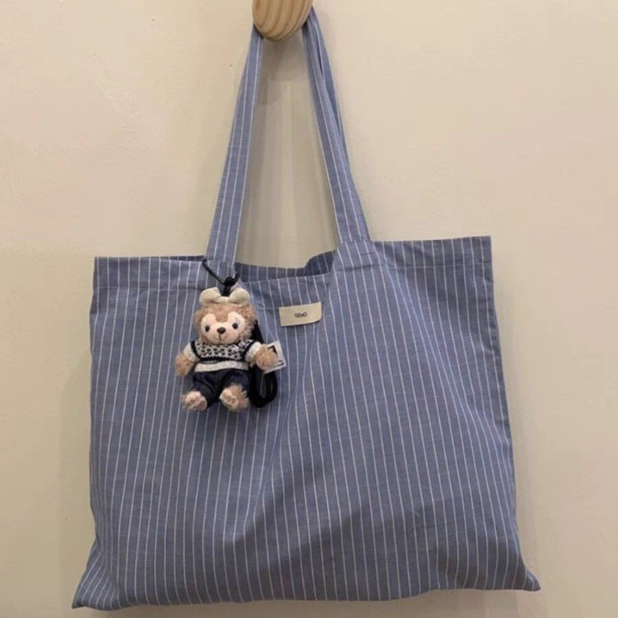 Large-capacity Canvas Summer Striped Korean-style Market Tote Bag for Work and Travel Office School Premium