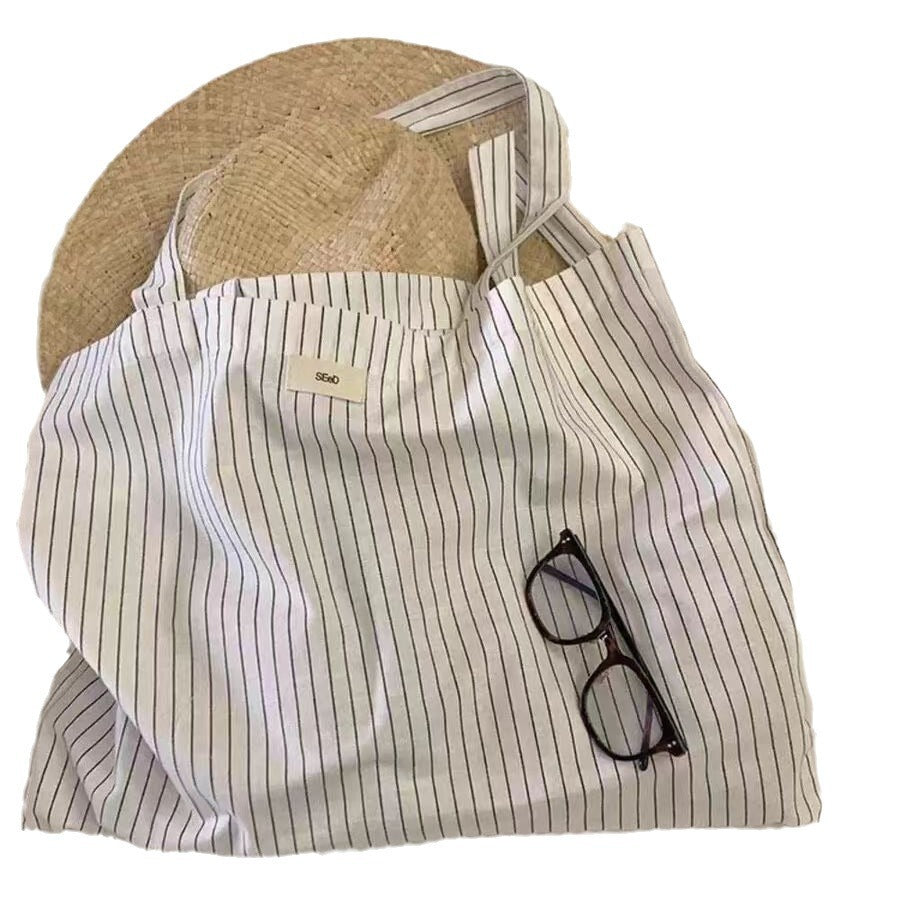 Large-capacity Canvas Summer Striped Korean-style Market Tote Bag for Work and Travel Office School Premium