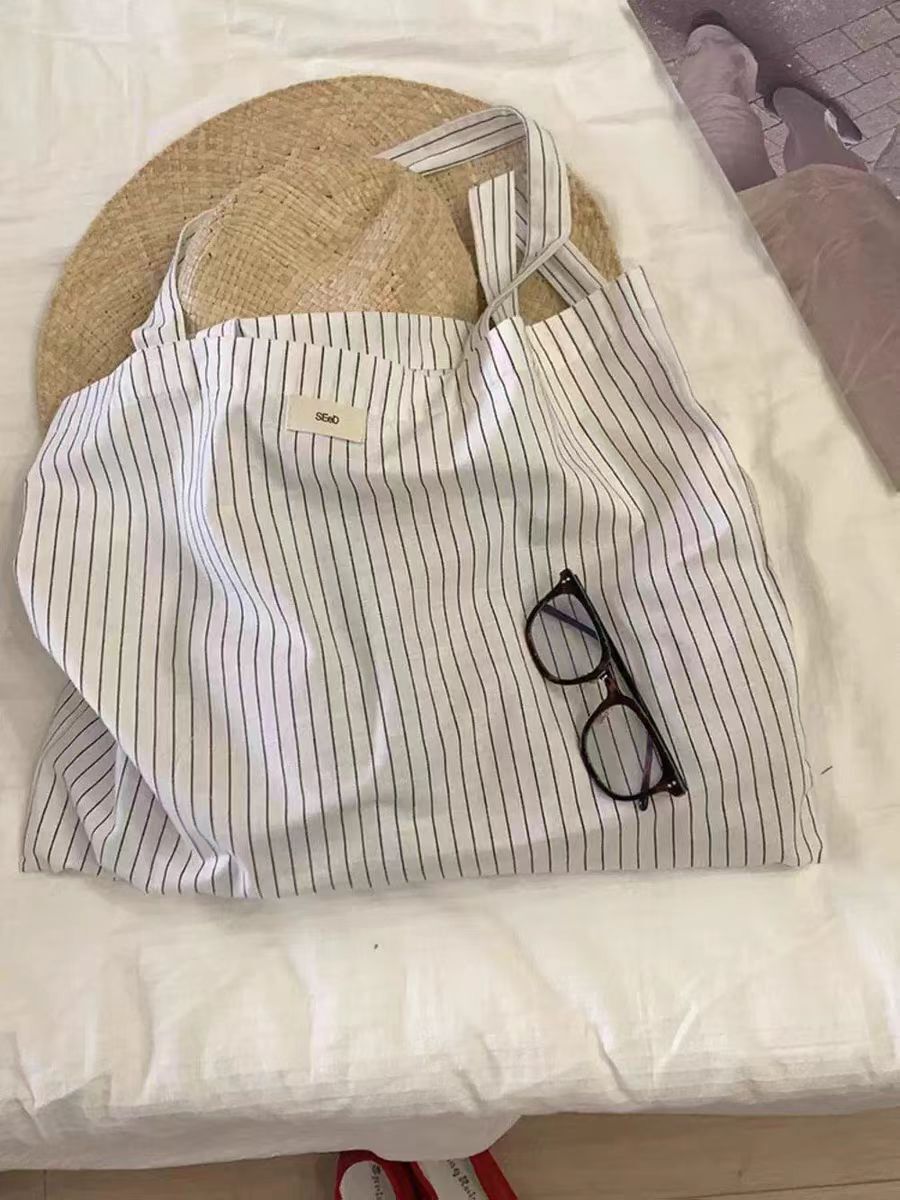 Large-capacity Canvas Summer Striped Korean-style Market Tote Bag for Work and Travel Office School Premium