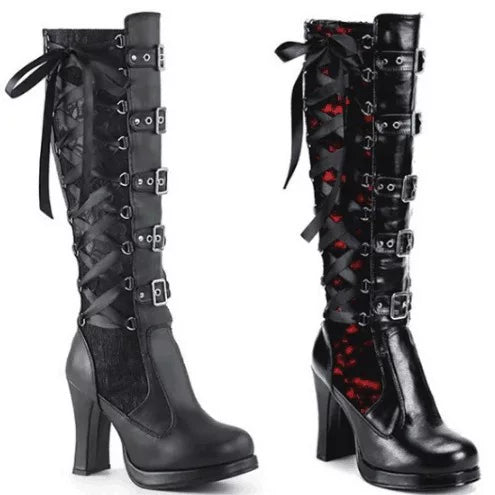 Women's Fall Winter Square Toe Bow High Heel Plus Size Tall Riding Boots for Office and Weekend Streetwear Everyday Wear