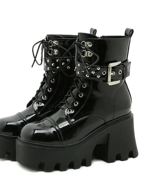 Women's Fall Winter Block Heel High Heel Petite Lift Dark Martin Combat Boots for Office and Weekend Streetwear Everyday Wear