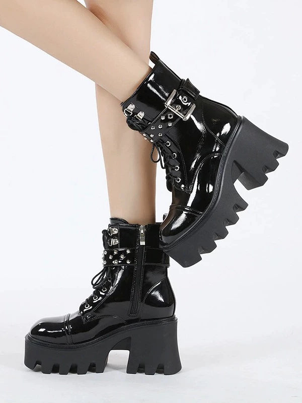 Women's Fall Winter Block Heel High Heel Petite Lift Dark Martin Combat Boots for Office and Weekend Streetwear Everyday Wear