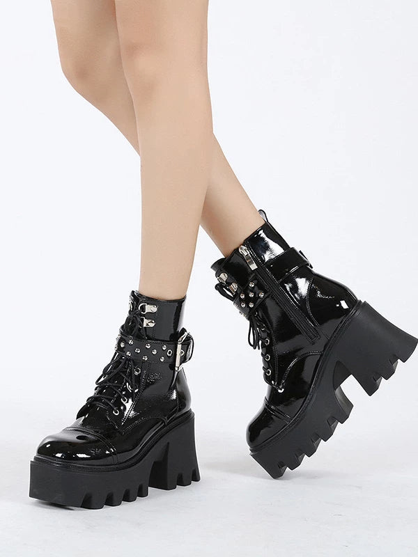Women's Fall Winter Block Heel High Heel Petite Lift Dark Martin Combat Boots for Office and Weekend Streetwear Everyday Wear