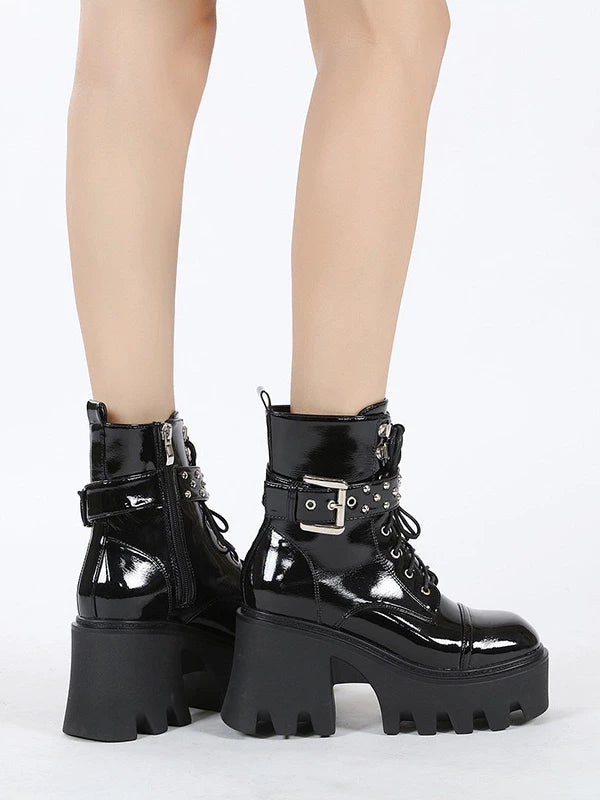 Women's Fall Winter Block Heel High Heel Petite Lift Dark Martin Combat Boots for Office and Weekend Streetwear Everyday Wear