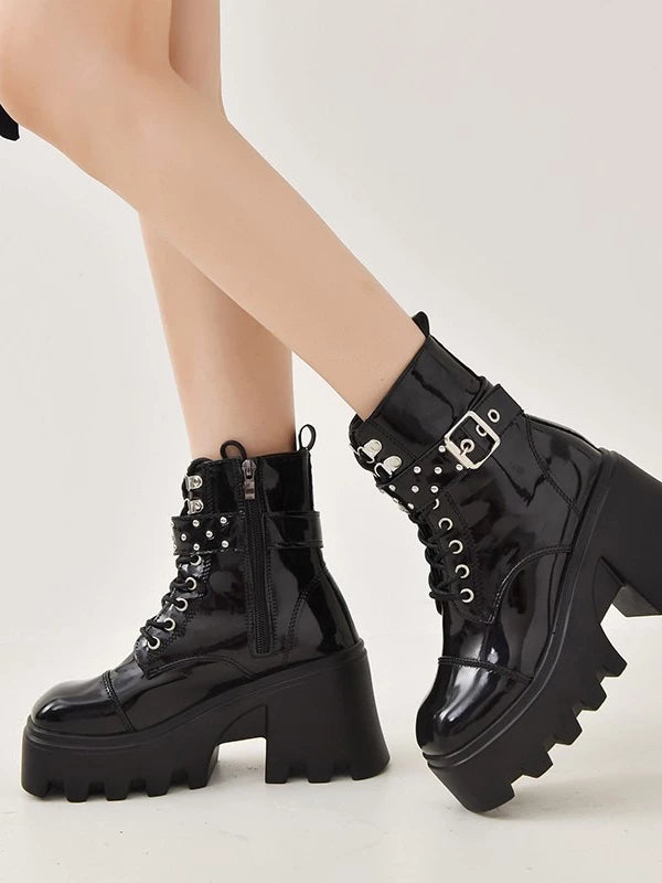 Women's Fall Winter Block Heel High Heel Petite Lift Dark Martin Combat Boots for Office and Weekend Streetwear Everyday Wear
