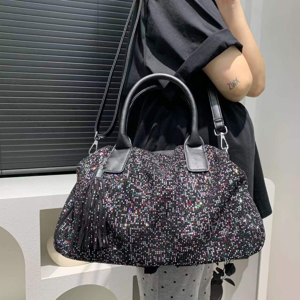 Women's Large-Capacity Commute Office Crystal Workwear Retro Tote Bag Shoulder Crossbody Purse Work and Travel School