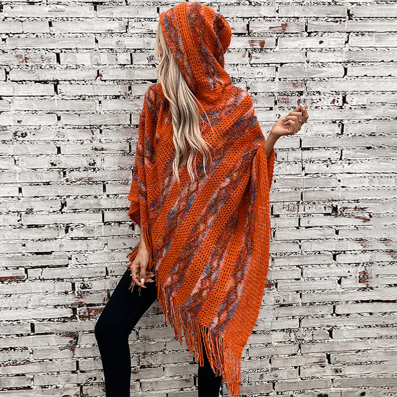 Women's Tassel Fall Winter Striped Fuzzy Hooded Oversized Knit Shawl Gift Office