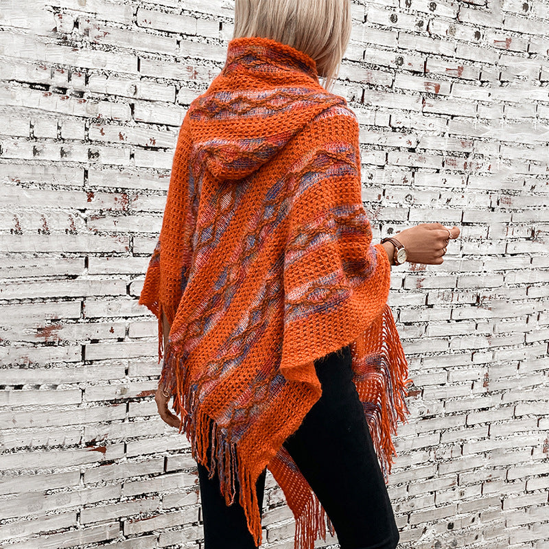 Women's Tassel Fall Winter Striped Fuzzy Hooded Oversized Knit Shawl Gift Office