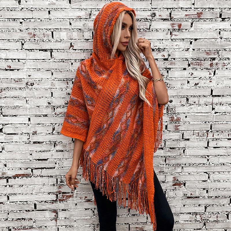 Women's Tassel Fall Winter Striped Fuzzy Hooded Oversized Knit Shawl Gift Office