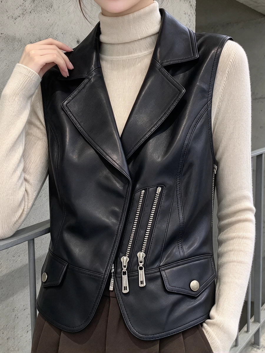 Women's Fall Winter Vest Lapel Leather Slim-fit Cropped for Date Night Holiday Party Slimming