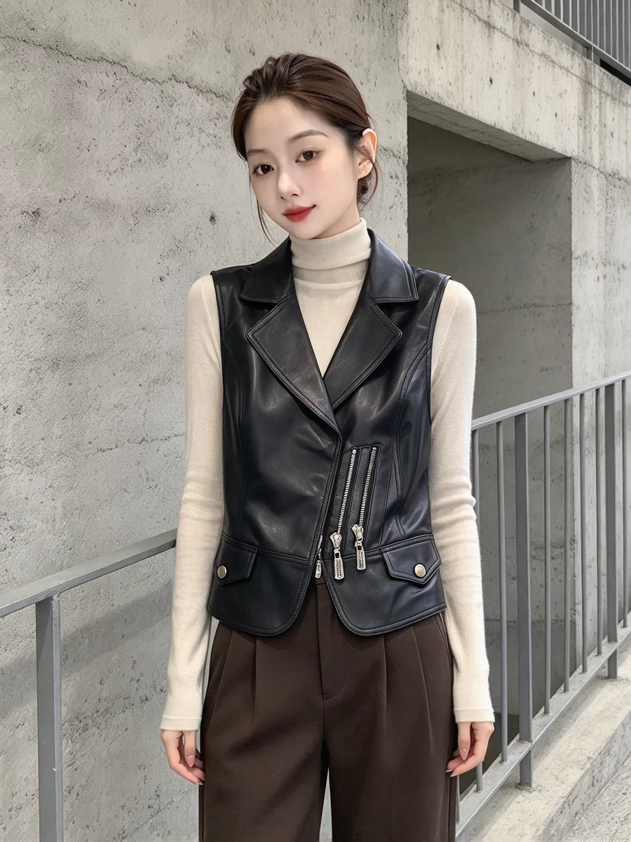 Women's Fall Winter Vest Lapel Leather Slim-fit Cropped for Date Night Holiday Party Slimming
