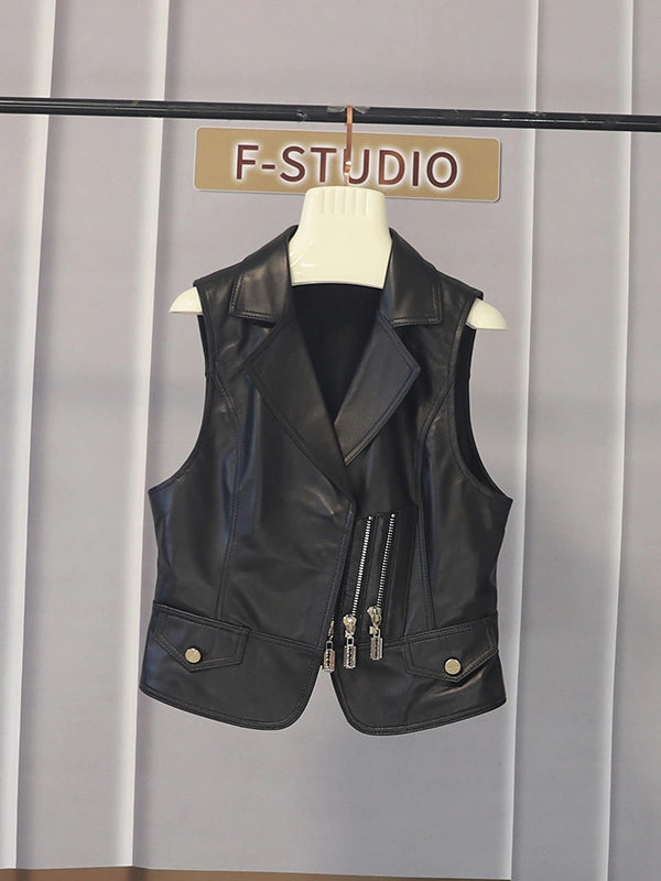 Women's Fall Winter Vest Lapel Leather Slim-fit Cropped for Date Night Holiday Party Slimming