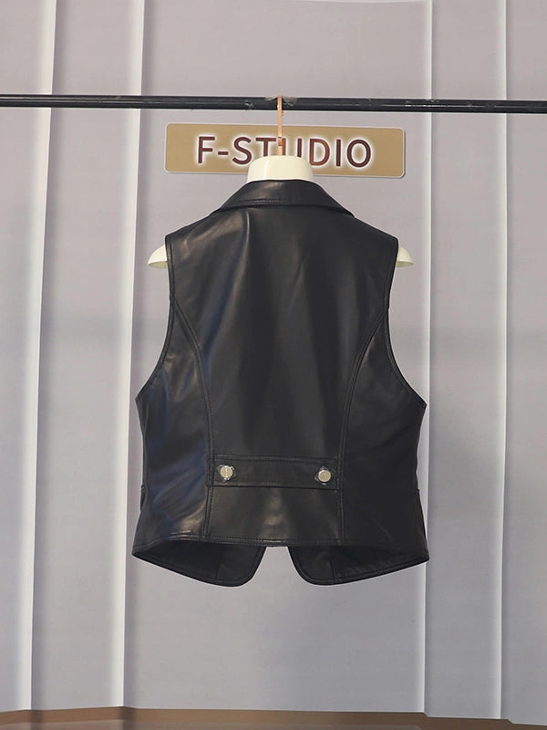 Women's Fall Winter Vest Lapel Leather Slim-fit Cropped for Date Night Holiday Party Slimming