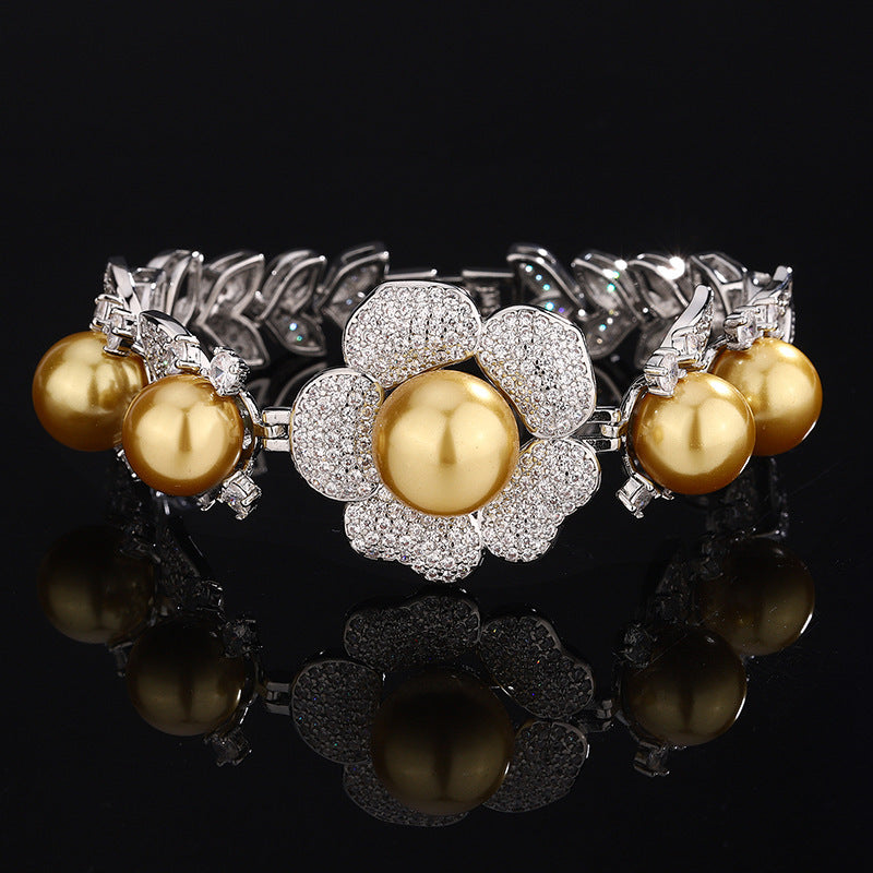 Faux pearl floral cuff bracelet by Yoshan, detail view 2