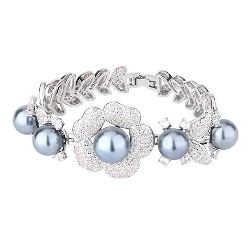 Faux pearl floral cuff bracelet by Yoshan, detail view 5